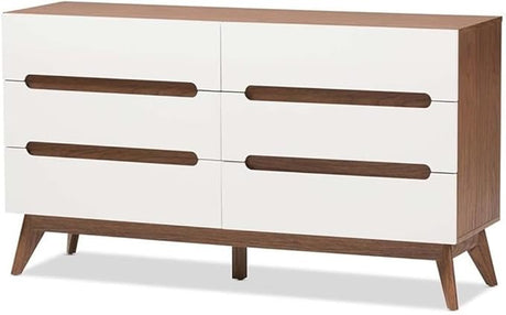 Calypso Mid-Century Modern White and Walnut Wood 6-Drawer Storage Dresser/Mid-Century/Particle