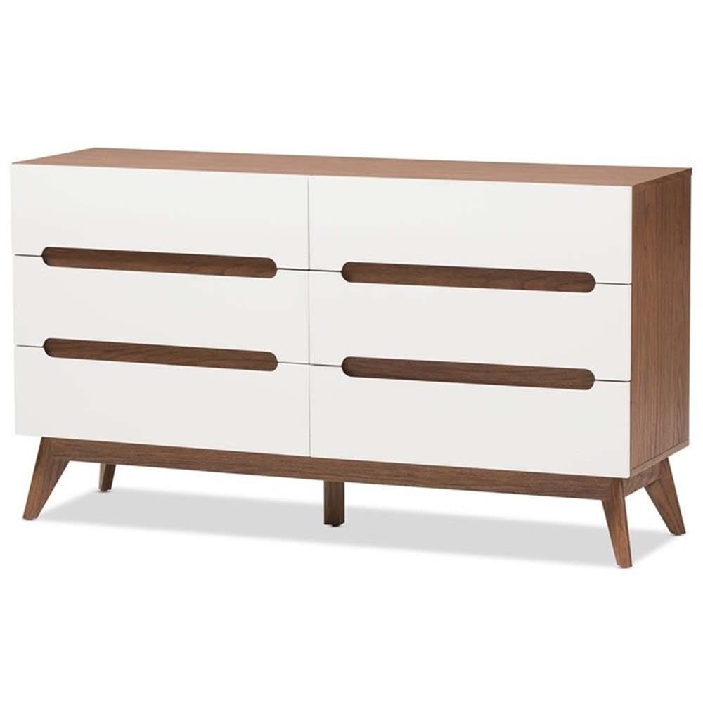 Calypso Mid-Century Modern White and Walnut Wood 6-Drawer Storage Dresser/Mid-Century/Particle