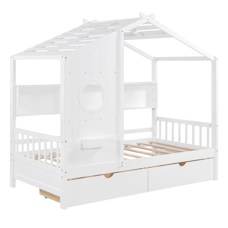 Twin Bed Frames with Storage, Twin Size House Bed with 2 Drawers and Side Shelves