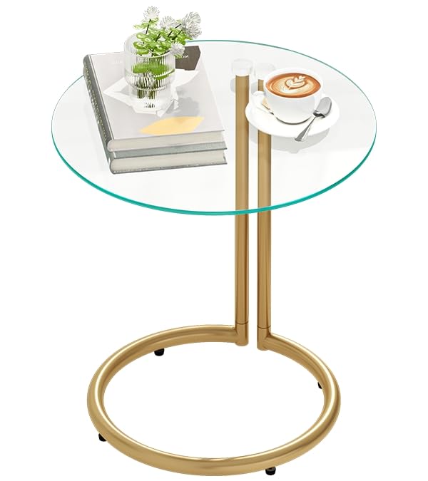 Gold End Table Modern, Round Side Table with Tempered Glass Top and Metal Stand