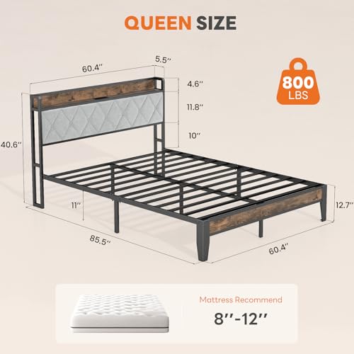 Queen Bed Frame with Storage Headboard & USB Charging Station