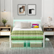 Full Size Metal Bed Frame with LED Lights & Charging Station - White