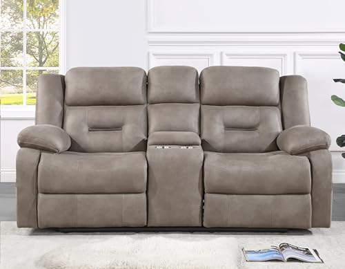 Traditioanl Abilene Tan Manual Console Loveseat Recliner Sofa, 160° Degree Recline, Living Room, Brown