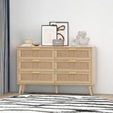 6 Drawer Double Dresser for Bedroom, Rattan Chest of Dressers