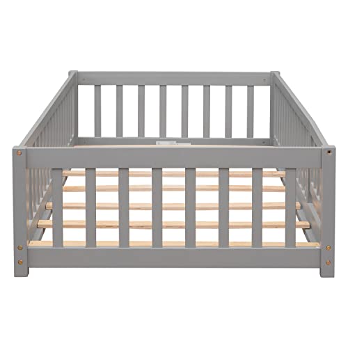 Platform Bed with Fence, Wooden Playpen Bed for Kids, Kids Fence Bed with Door, No Box Spring Needed (Grey)