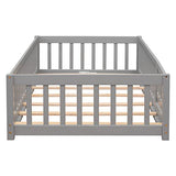 Platform Bed with Fence, Wooden Playpen Bed for Kids, Kids Fence Bed with Door, No Box Spring Needed (Grey)