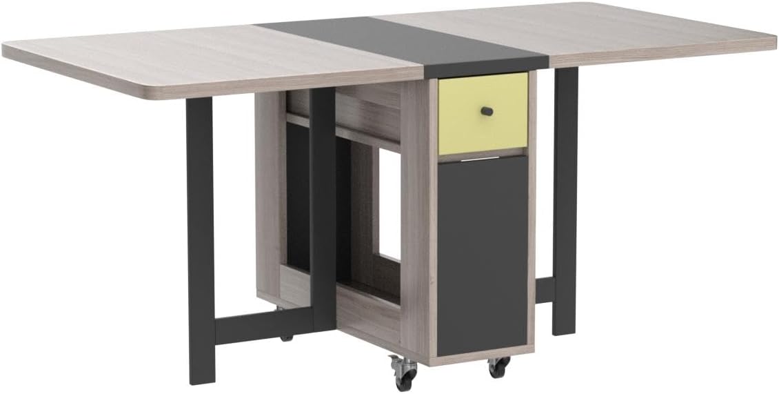 Folding Dining Table with Storage Rack and 2 Drawers