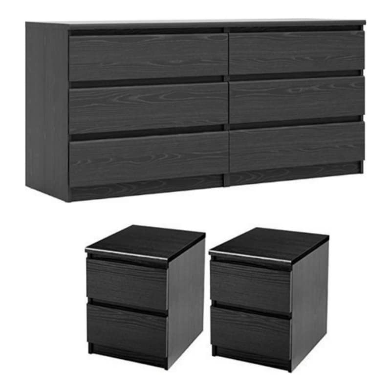 3 Piece Bedroom Set with 6 Drawer Double Dresser and Two 2 Drawer Nightstands