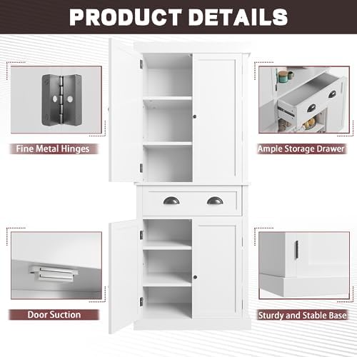 Furniwell 72" Kitchen Storage Cabinet with Drawer, Tall Kitchen Pantry Cabinet with Doors and 3 Adjustable Shelves, Freestanding Cupboard for Kitchen, Dining Room, Living Room (White)