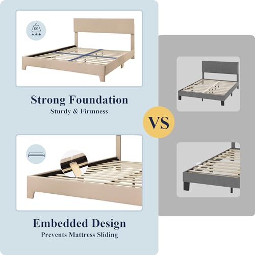 Queen Size Bed Frame with Adjustable Headboard, Upholstered Platform Bed with Wood