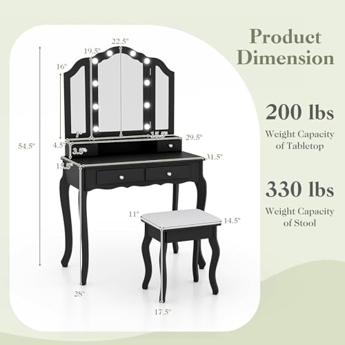 Vanity Desk with Lights - Makeup Vanity Table with Tri-Fold Mirror, 10 Adjustable