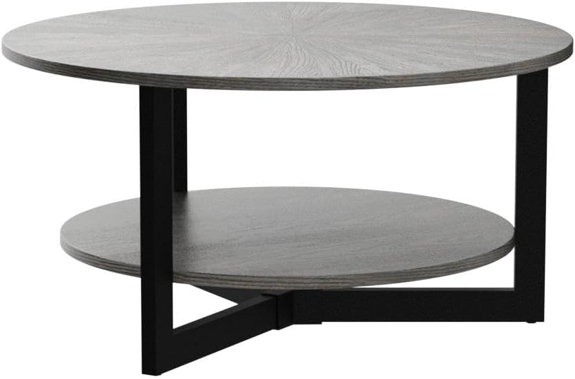 Round Coffee Table with Storage Shelf, Farmhouse Living Room Cocktail Table