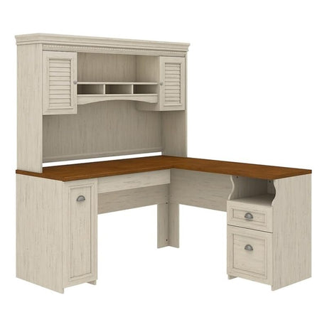 Co 60" W Farmhouse L-Shaped Wood Desk with Hutch, Large Vertical Closed Storage