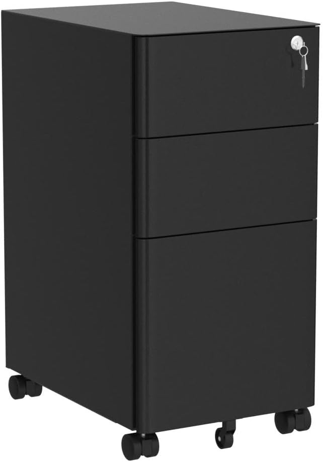 3-Drawer Slim File Cabinet with Lock, Mobile Metal Office Storage Filing Cabinet