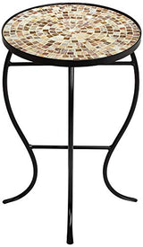 Teal Island Designs Mother of Pearl Modern Black Metal Round Outdoor Accent Side Table 14" Wide Natural Mosaic Tile Tabletop Gracefully Curved Legs for Spaces Porch Patio Home House Balcony Deck - Bircata