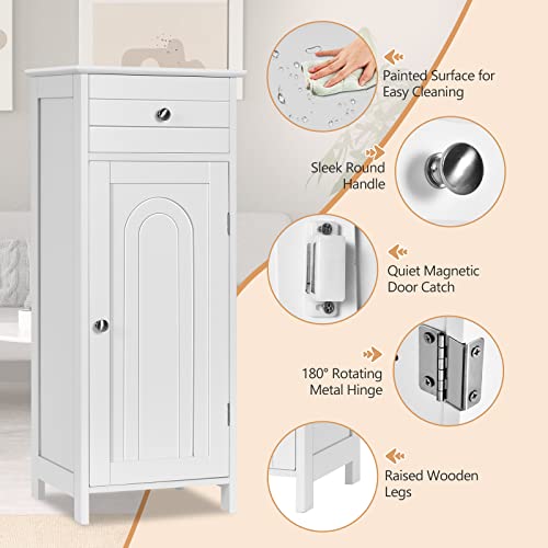 Floor Storage Cabinet, Bathroom Freestanding Side Storage Organizer, Single Door Floor Storage Cabinet w/Drawer & Adjustable Shelves,