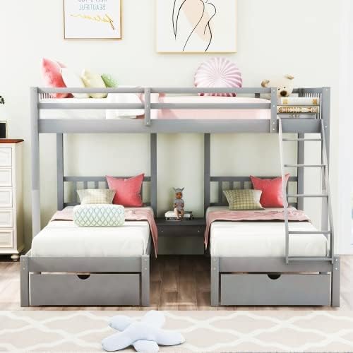 Bed with Stairs and Storage Drawers Full Over Twin & Twin 3 Bunk Beds for Kids Wooden