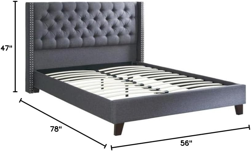 Polyfiber Upholstered Full Size Bed Featuring Nail Head Trim, Blue and Gray,