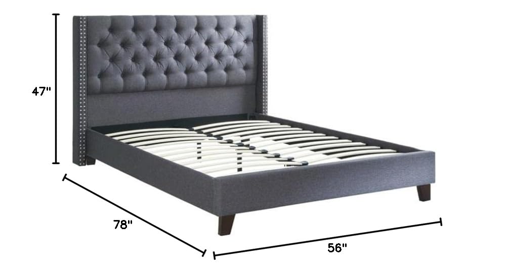 Polyfiber Upholstered Full Size Bed Featuring Nail Head Trim, Blue and Gray,