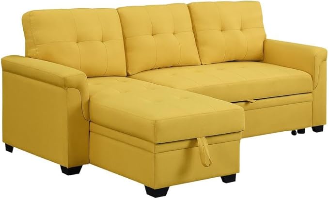 Yellow Linen Reversible Sleeper Sectional Sofa Featuring Storage Chaise and Pull-Out