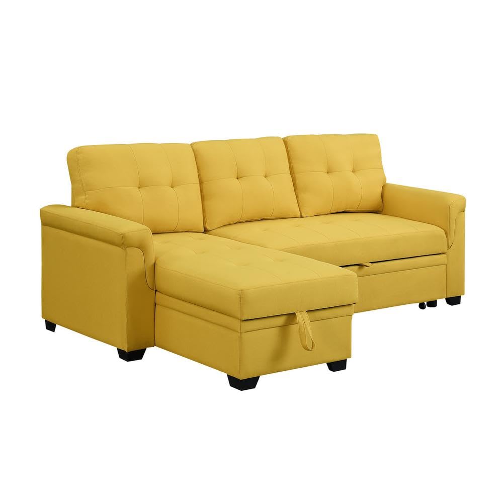 FurniFact Yellow Linen Reversible Sleeper Sectional Sofa Featuring Storage Chaise and Pull-Out Sleeper, Ideal for Living Rooms and Small Spaces