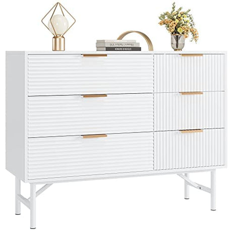 White Dresser, 6 Drawer Double Dresser with Deep Drawers and Metal Handles