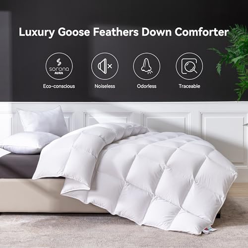LESNNCIER Luxury Goose Feathers Down Comforter Full Size, 750 FP Fluffy All Season Duvet Insert Full, Ultra-Soft Hotel Bedding Comforter with Sorona Fill (White, 82x86 Inches)
