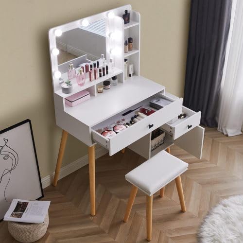 Dressing Table with LED Mirror, Light Adjustable Brightness, Dressing Table with Padded