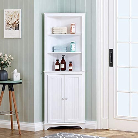 Tall Corner Cabinet with Doors and Shelves, Freestanding Corner Storage Cabinet for Bathroom,