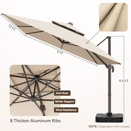 9x12 FT Patio Umbrella, Large Cantilever Rectangular Double Top Heavy Duty Offset Umbrellas with 360° Rotation