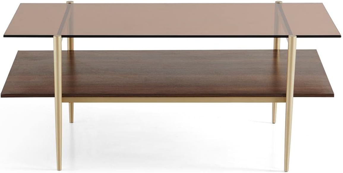 Layer Glass Coffee Table for Living Room, Brown Glass & Coffee Brown MDF Bottom Shelf