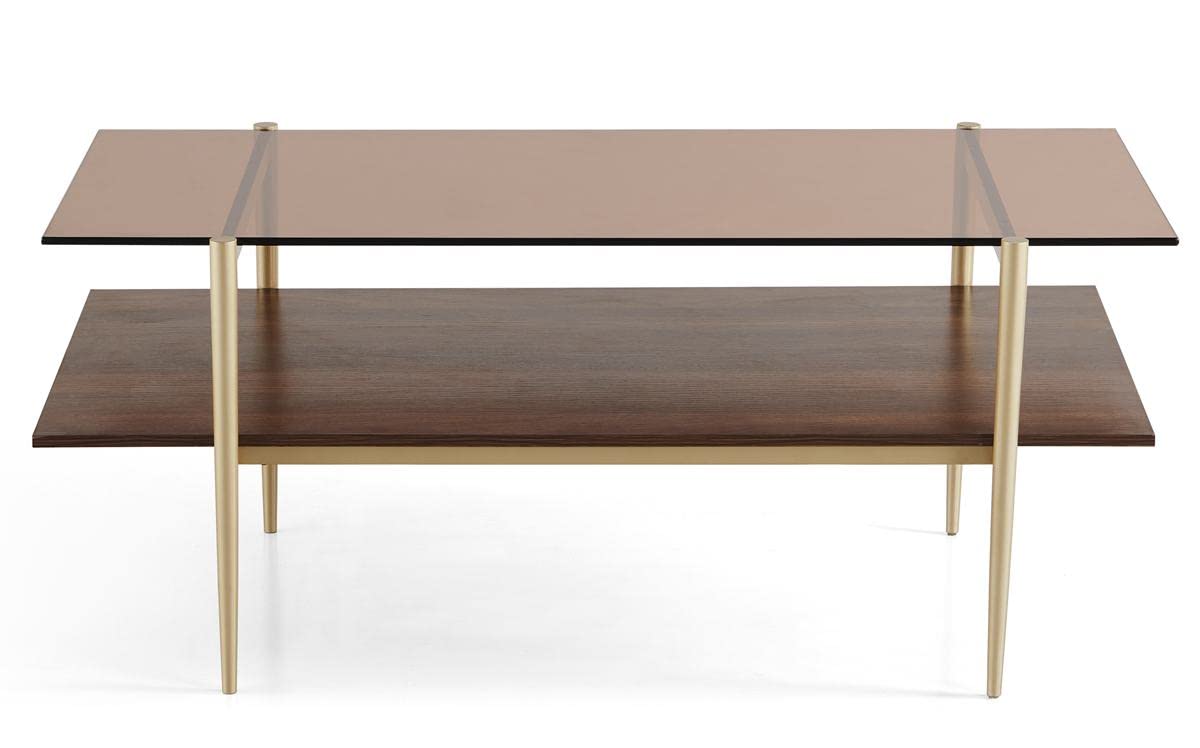 Layer Glass Coffee Table for Living Room, Brown Glass & Coffee Brown MDF Bottom Shelf