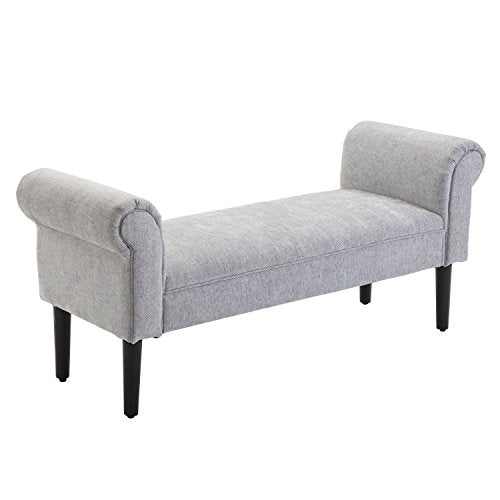 52" End of Bed Bench, Linen Upholstered Ottoman Bench, Bedroom Entryway Bench with Armrests, Light Grey