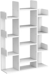 Bookshelf, Tree-Shaped Bookcase Storage Shelf with 13 compartments, Books Organizer Display Cube Shelves, Industrial Free Floor Standing Wood Open Bookshelves for Home, White