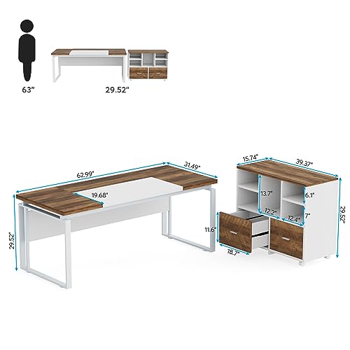 ProWork 63W L-Shaped Executive Desk with Reversible File Cabinet & Storage