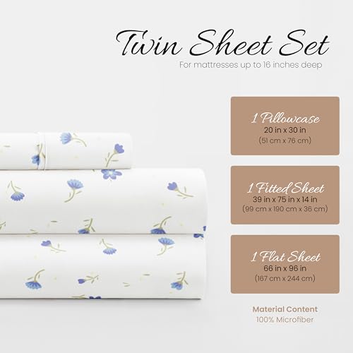 3 Piece Twin Bedding Sheet Set (Light Blue Floral) - Sleep Better Than Ever