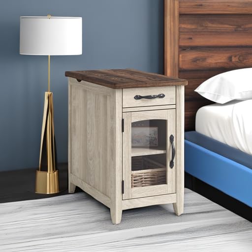 LINSY HOME Farmhouse End Table with Charging Station, Narrow Side Table for Living Room, Sofa Side Table with Drawer and Storage Cabinet, Small Nightstand for Bedroom