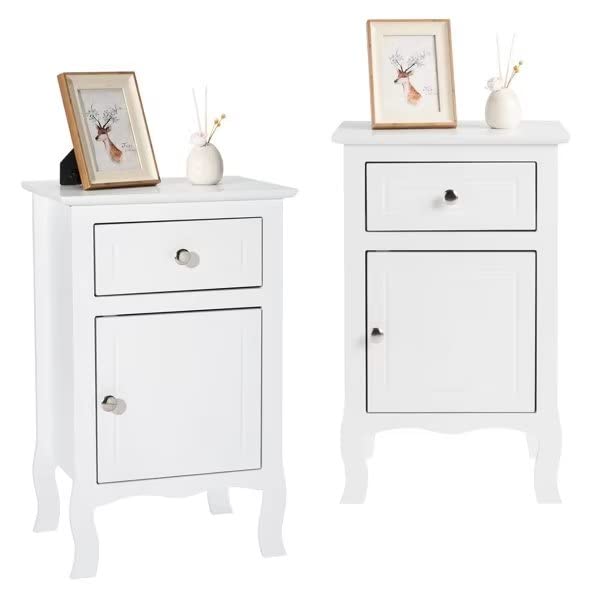 2pcs Country Style Side Table, Nightstand with 1 Drawer 1 Door, Bedside Tables with Wood Frame, Mid-Century Modern Nightstand with Storage, Bed Side Table & Night Stand End Table, Set of 2, White