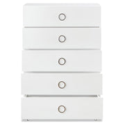 Acme Elms Wooden Rectangular Chest with 5 Storage Drawers in White and Chrome