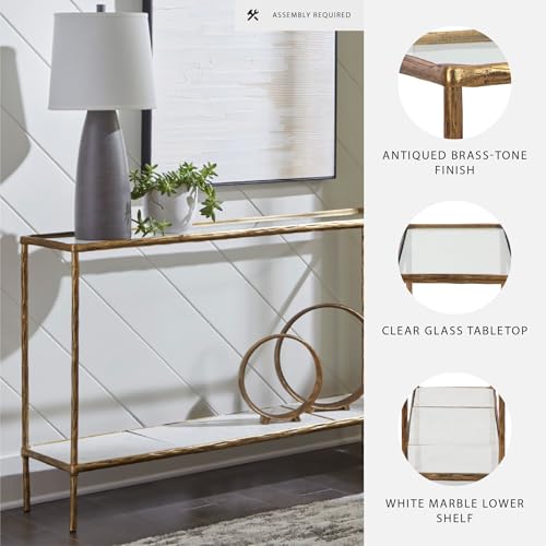 Ryandale Console Table - Glass Top with Marble Shelf, 52" Antique Brass