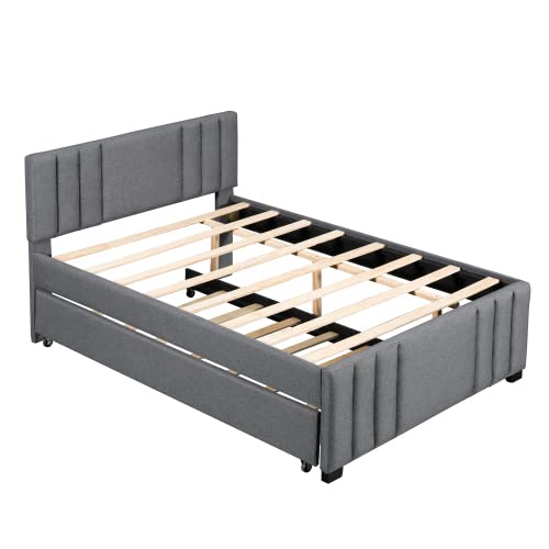 Upholstered Platform Bed Frame with Pull Out Trundle and Two Drawers,Multifunctional