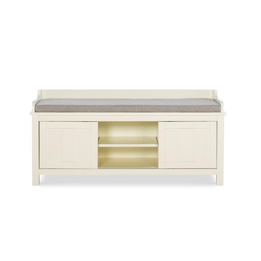 Storage Bench Padded Seat Sliding Doors in White