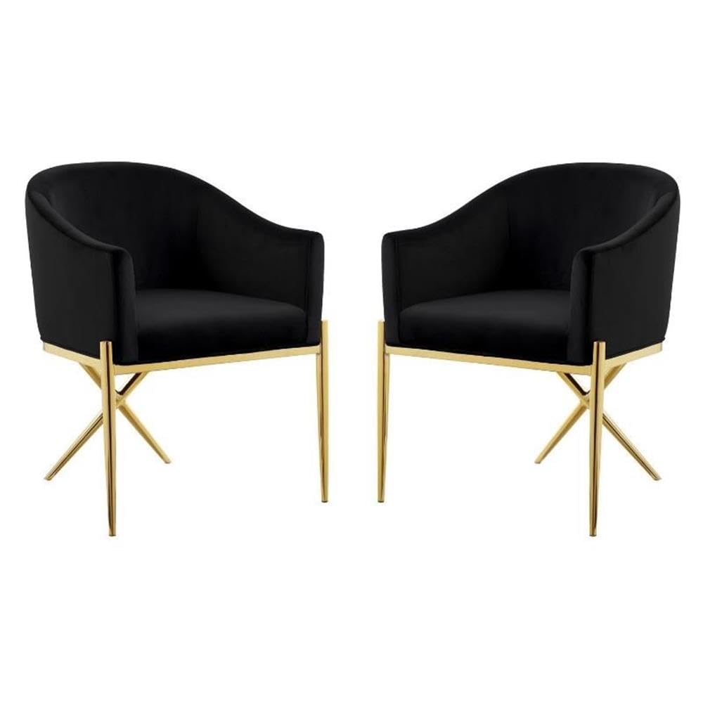 2 Piece Velvet Contemporary Dining Room Arm Chair Set with Gold Metal Legs