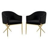 2 Piece Velvet Contemporary Dining Room Arm Chair Set with Gold Metal Legs