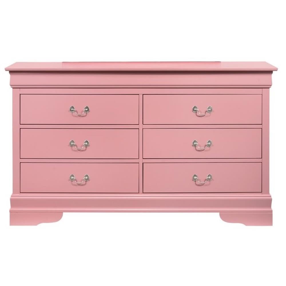 Glory Furniture Louis Phillipe 6 Drawer Dresser in Pink