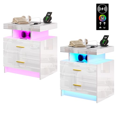 LED Nightstand Set of 2, Modern Night Stand with Wireless Charging Station, High Gloss