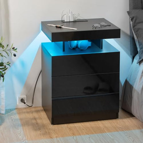 LED Nightstand with Wireless Charging Station 2 Outlets USB Port Type C Black Bedside Table with 3 Drawers Modern Smart LED Nightstand Tall 26.8in High Gloss Night Table with Light for Bedroom