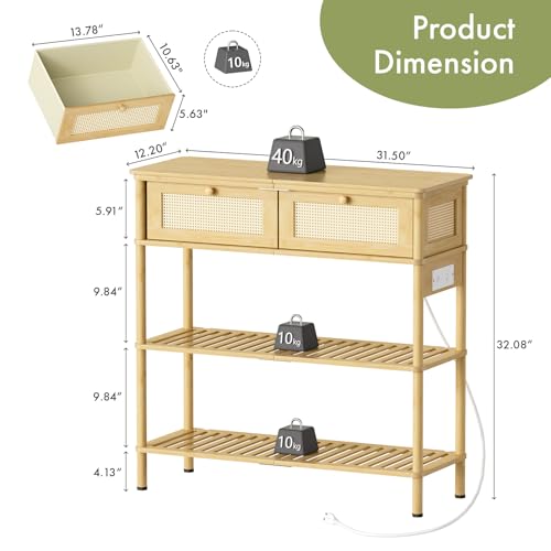 Bamboo Console Table with Drawers and Power Outlets