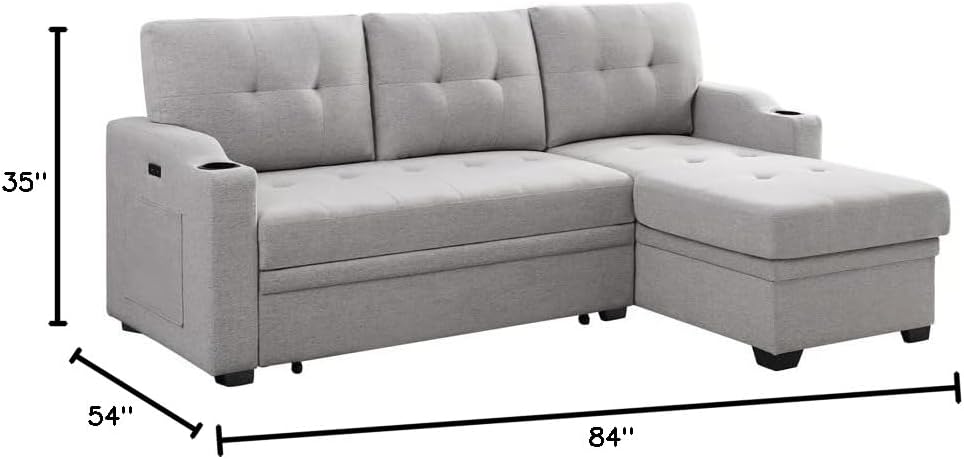 FANYE Linen Upholstery Tufted Sofa&Couch,L-Shaped Corner Reversible Sleeper Sectional Sofa Couch Sofabed w/Storage Chaise,Cupholders, USB Charging Port and Pockets for Living Room Furniture Set