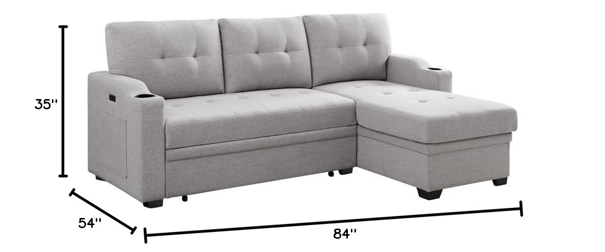 FANYE Linen Upholstery Tufted Sofa&Couch,L-Shaped Corner Reversible Sleeper Sectional Sofa Couch Sofabed w/Storage Chaise,Cupholders, USB Charging Port and Pockets for Living Room Furniture Set